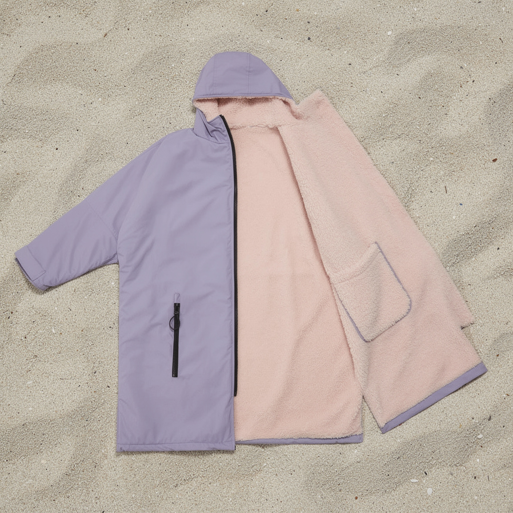 Lilac and pink surf changing robe laid flat on sand – ShowerNest Australia