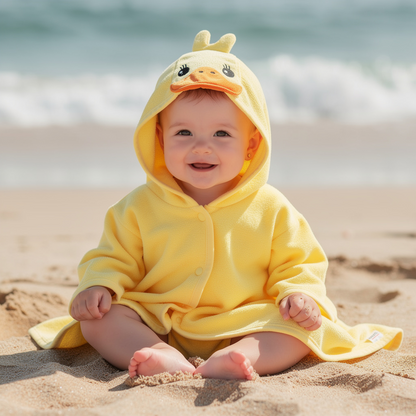 Baby smiling in a yellow duck hooded towel on the sand – ShowerNest Australia