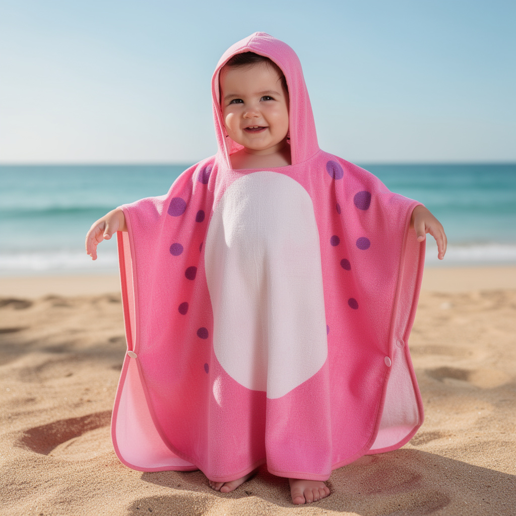 Child in a pink dinosaur hooded towel on the beach – ShowerNest Australia