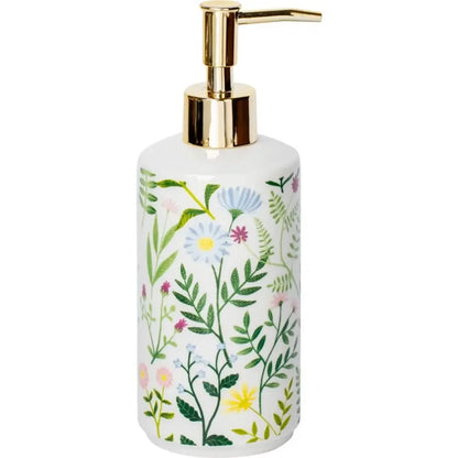 Botanical print ceramic soap dispenser – front view with gold pump – ShowerNest Australia