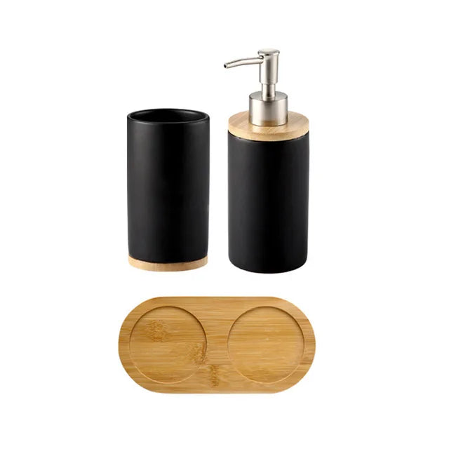 Matte ceramic soap dispenser set on bamboo tray – dispenser and tumbler, black – ShowerNest Australia