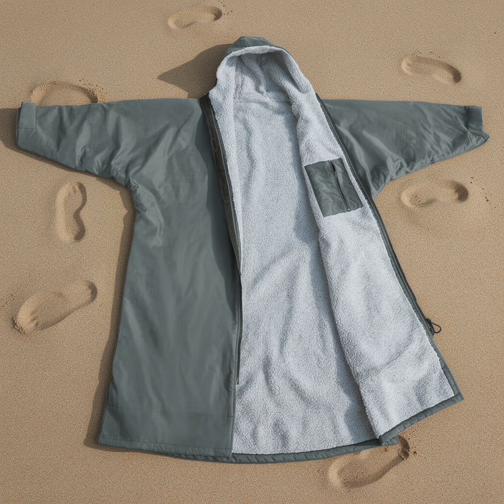 Grey surf changing robe laid open on sand showing the microfibre lining – ShowerNest Australia