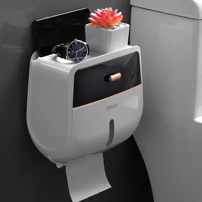 Double-Layer Toilet Roll Holder with Shelf & Drawer – Wall Mounted