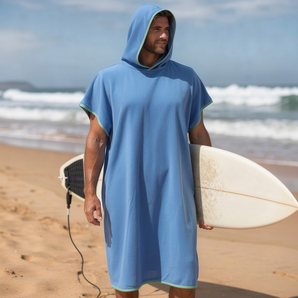 Man wearing a blue quick-dry microfibre towel hoodie holding a surfboard on the beach – ShowerNest Australia