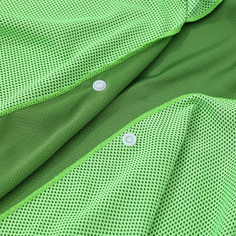 Close-up of the green cooling mesh fabric and snap buttons – ShowerNest Australia