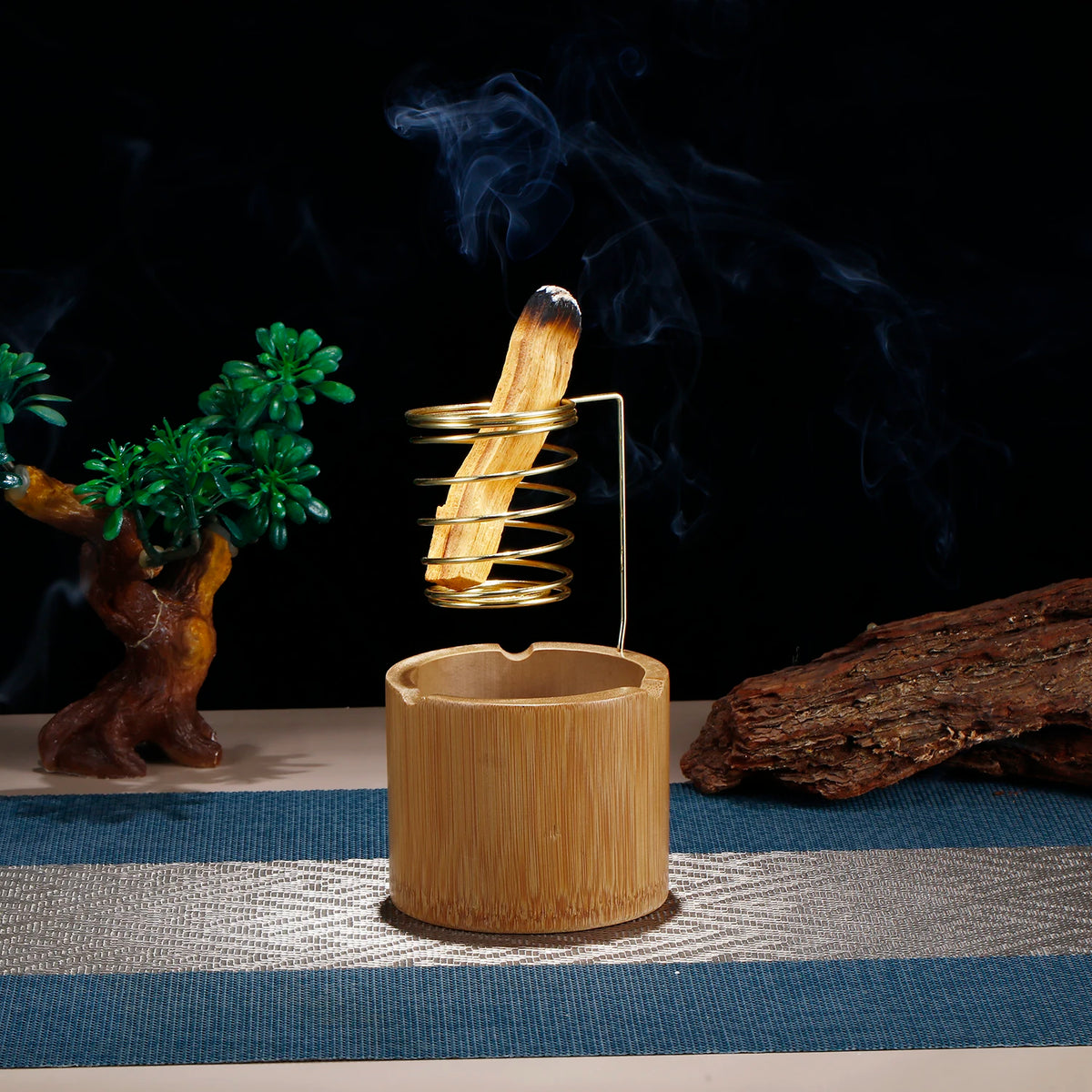 Spiral palo santo holder with bamboo ash cup second view – ShowerNest Australia