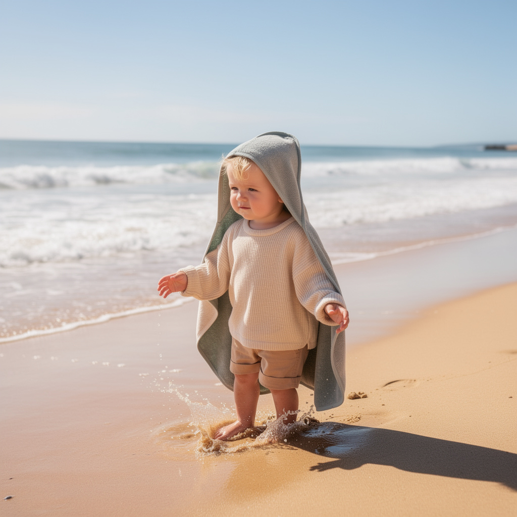 Toddler wrapped in a neutral hooded towel on the beach – ShowerNest Australia