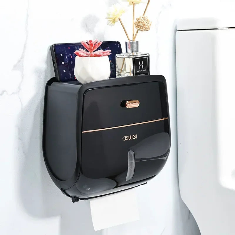 Double-Layer Toilet Roll Holder with Shelf & Drawer – Wall Mounted