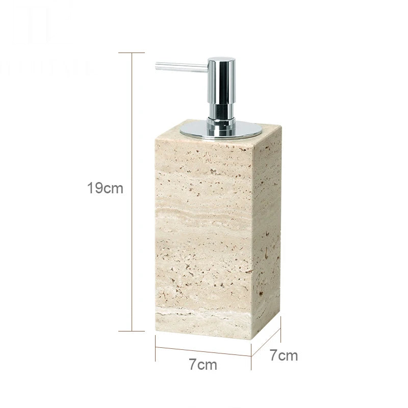 Natural travertine bathroom accessories – square soap dispenser with chrome pump – ShowerNest Australia