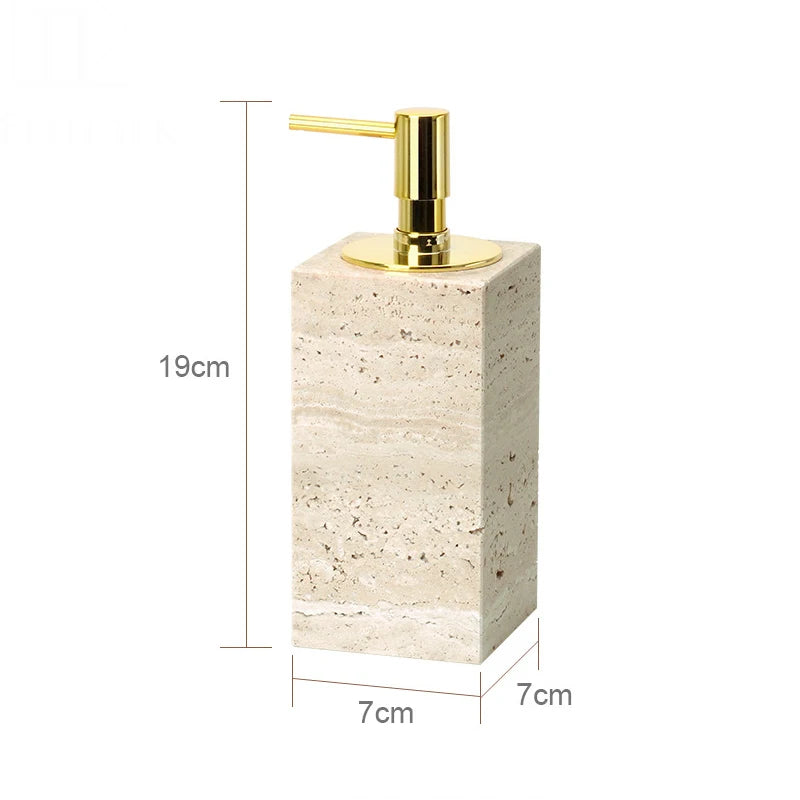 Natural travertine bathroom accessories – square soap dispenser with gold pump – ShowerNest Australia
