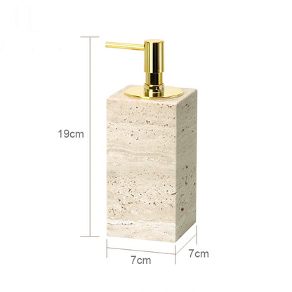 Natural travertine bathroom accessories – square soap dispenser with gold pump – ShowerNest Australia