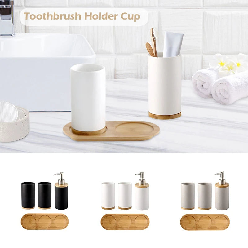 Matte ceramic soap dispenser set on bamboo tray main photo – ShowerNest Australia