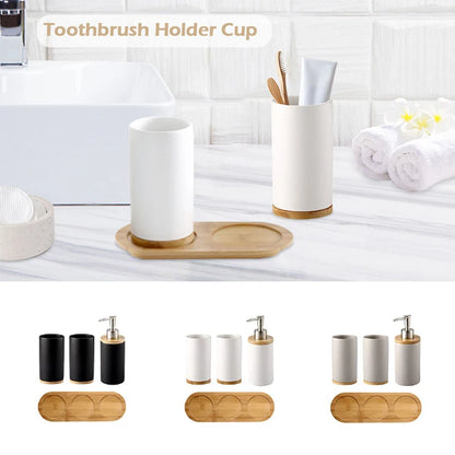 Matte ceramic soap dispenser set on bamboo tray main photo – ShowerNest Australia