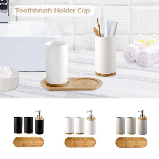 Matte ceramic soap dispenser set on bamboo tray main photo – ShowerNest Australia