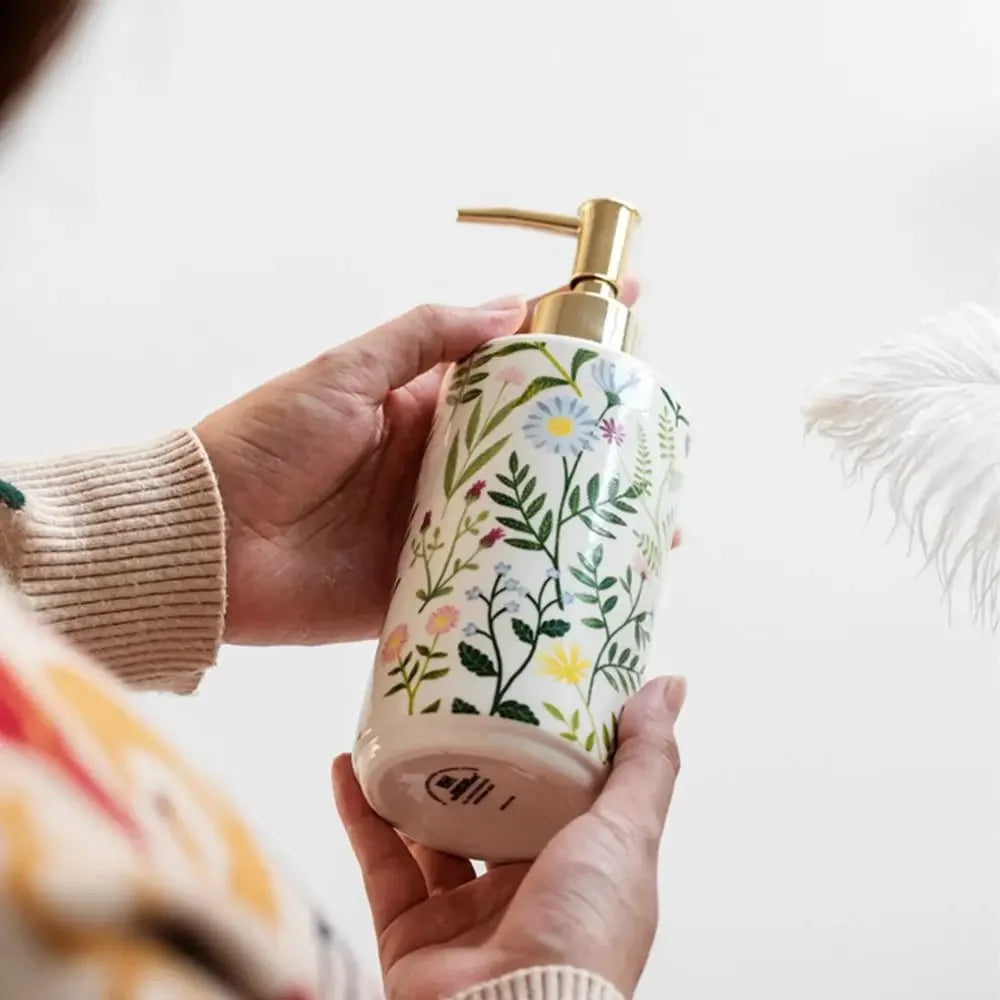 Botanical print ceramic soap dispenser fourth view – ShowerNest Australia