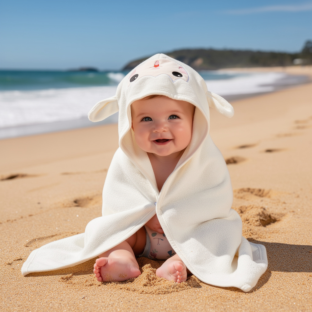 Baby in a white sheep hooded towel sitting on the beach – ShowerNest Australia