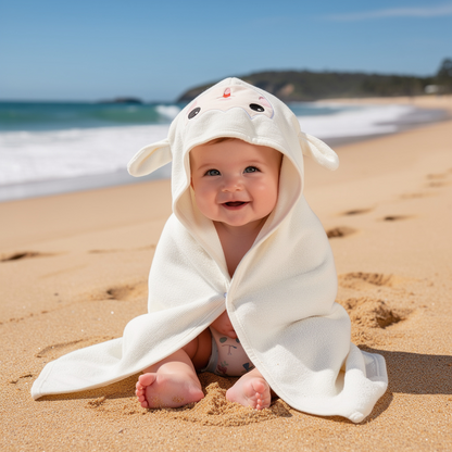 Baby in a white sheep hooded towel sitting on the beach – ShowerNest Australia