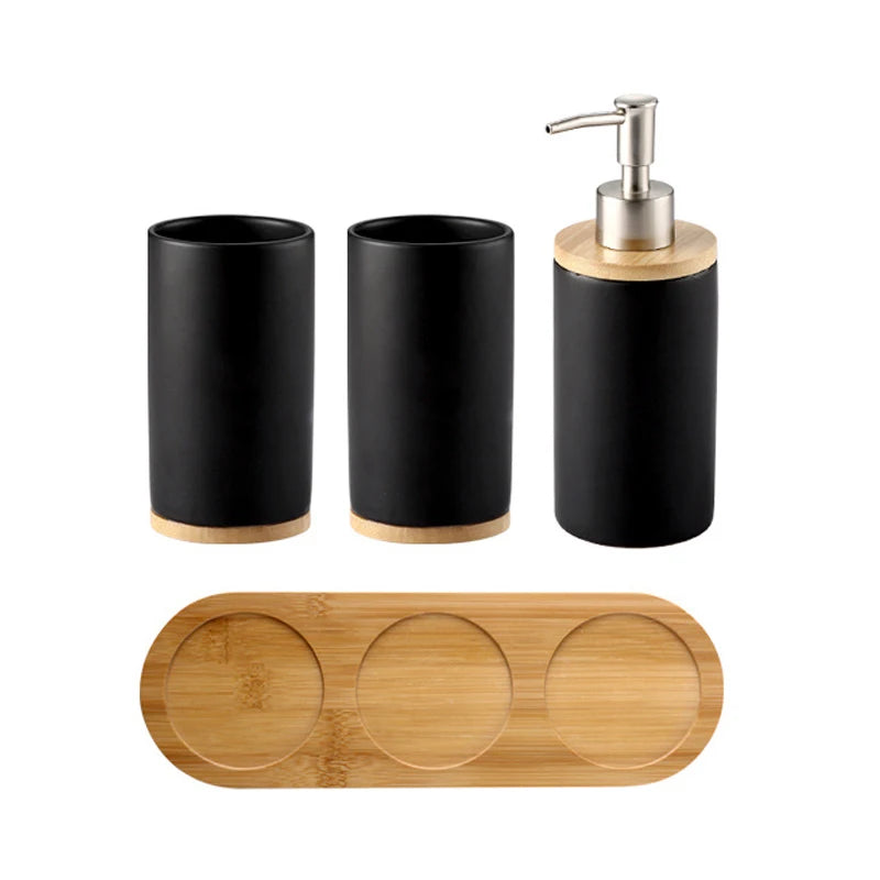 Matte ceramic soap dispenser set on bamboo tray – dispenser and 2 tumblers, black – ShowerNest Australia