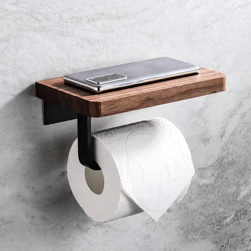 Wooden toilet roll holder with phone shelf