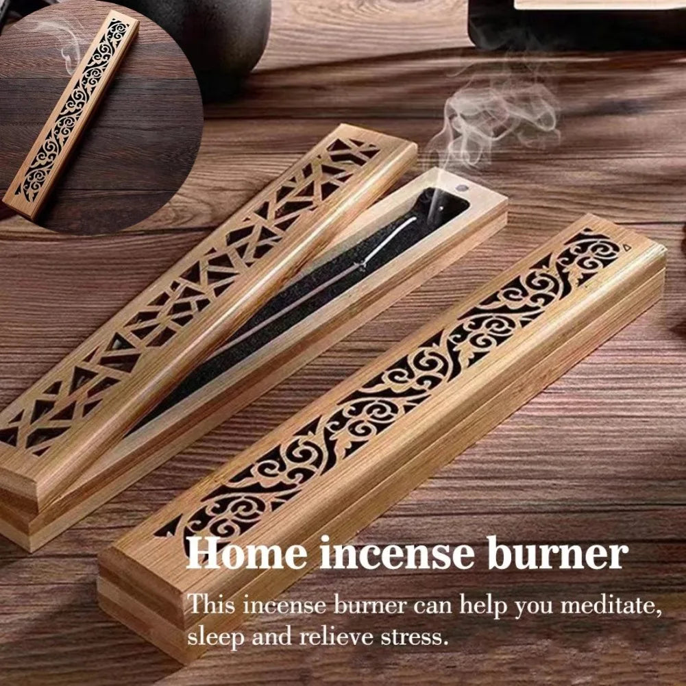Bamboo incense holder box with carved lid main photo – ShowerNest Australia