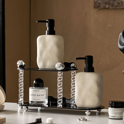 Wabi-sabi ceramic soap dispenser styled in a bathroom