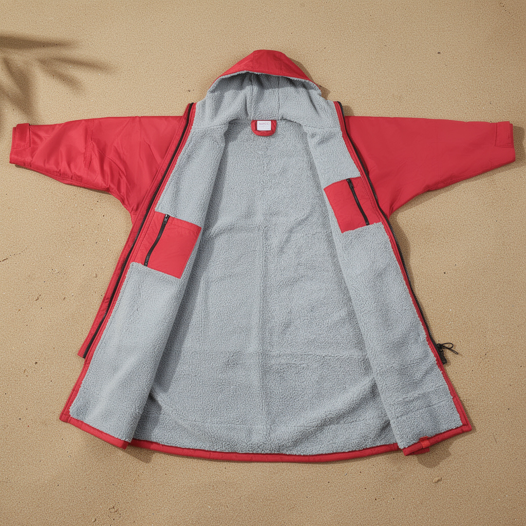 Red surf changing robe laid open on sand showing the grey lining – ShowerNest Australia