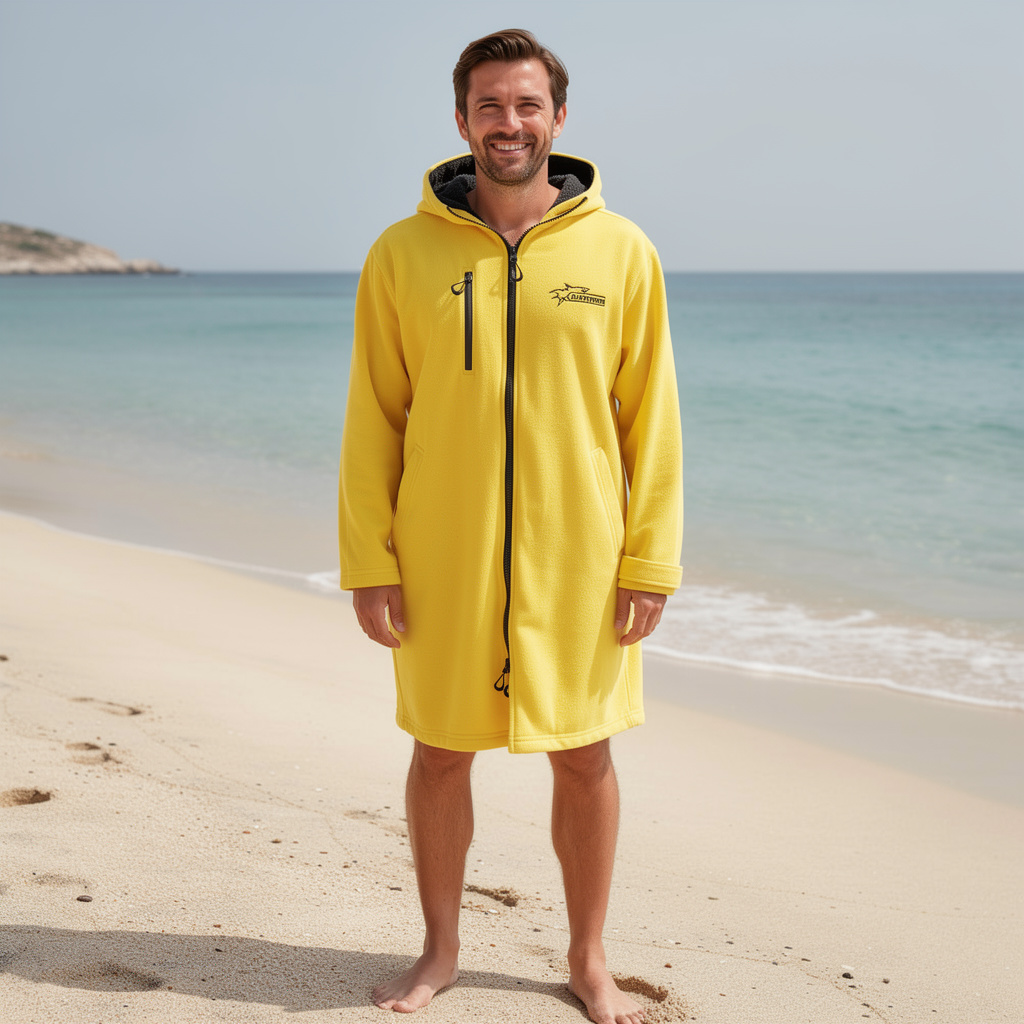 Man wearing a yellow hooded surf changing robe on the beach – ShowerNest Australia