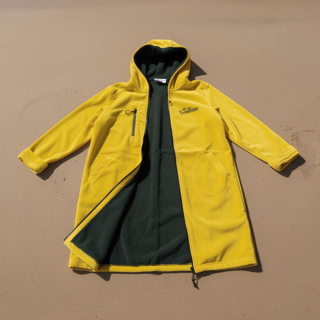 Yellow surf changing robe laid open on sand with dark lining – ShowerNest Australia