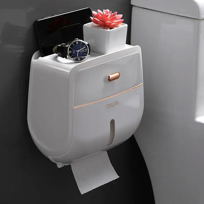 Double-Layer Toilet Roll Holder with Shelf & Drawer – Wall Mounted