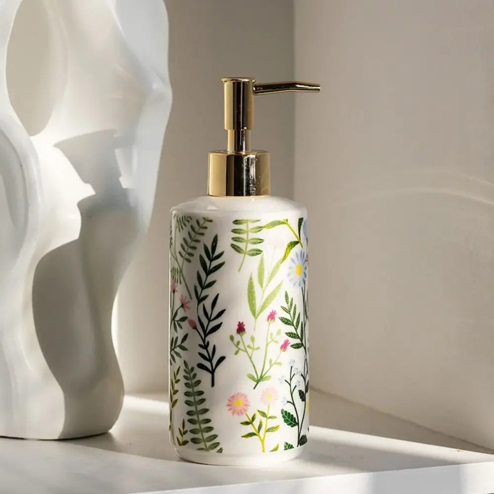 Botanical print ceramic soap dispenser third view – ShowerNest Australia