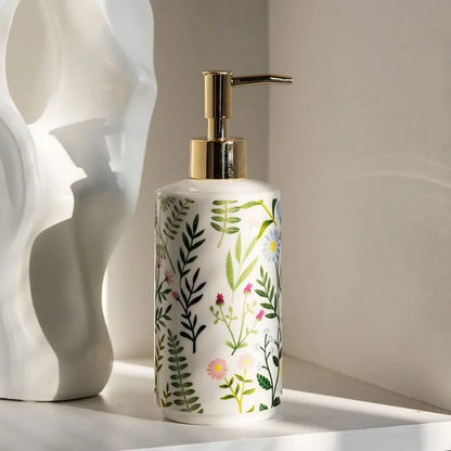 Botanical print ceramic soap dispenser third view – ShowerNest Australia