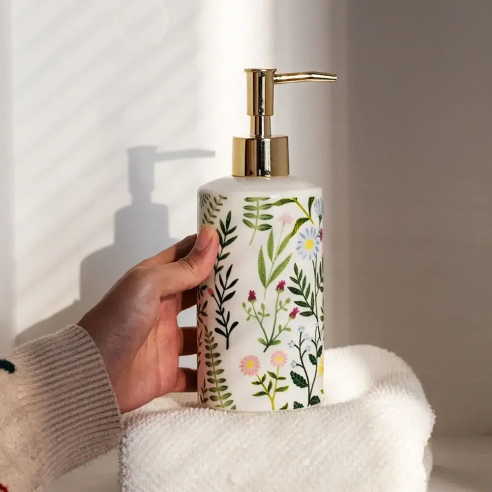 Botanical print ceramic soap dispenser fifth view – ShowerNest Australia