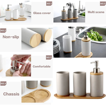Matte ceramic soap dispenser set on bamboo tray fifth view – ShowerNest Australia