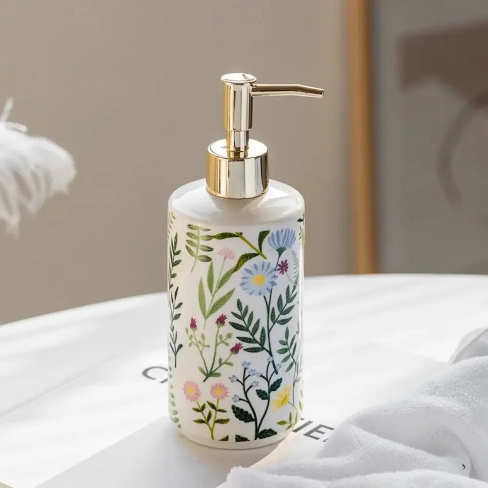Botanical print ceramic soap dispenser second view – ShowerNest Australia