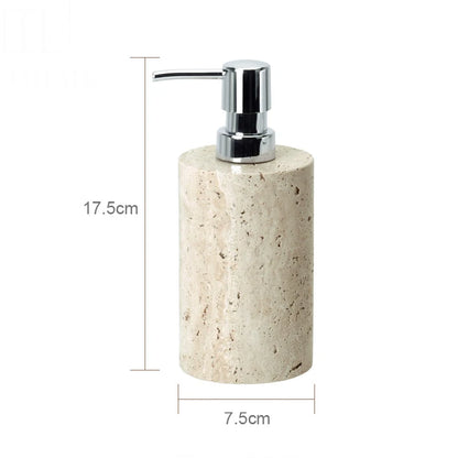Natural travertine bathroom accessories – round soap dispenser with chrome pump – ShowerNest Australia