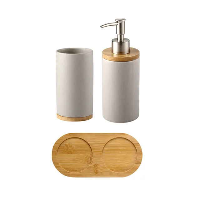 Matte ceramic soap dispenser set on bamboo tray – dispenser and tumbler, grey – ShowerNest Australia