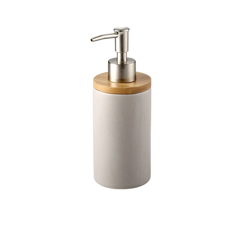 Matte ceramic soap dispenser set on bamboo tray – dispenser, grey – ShowerNest Australia