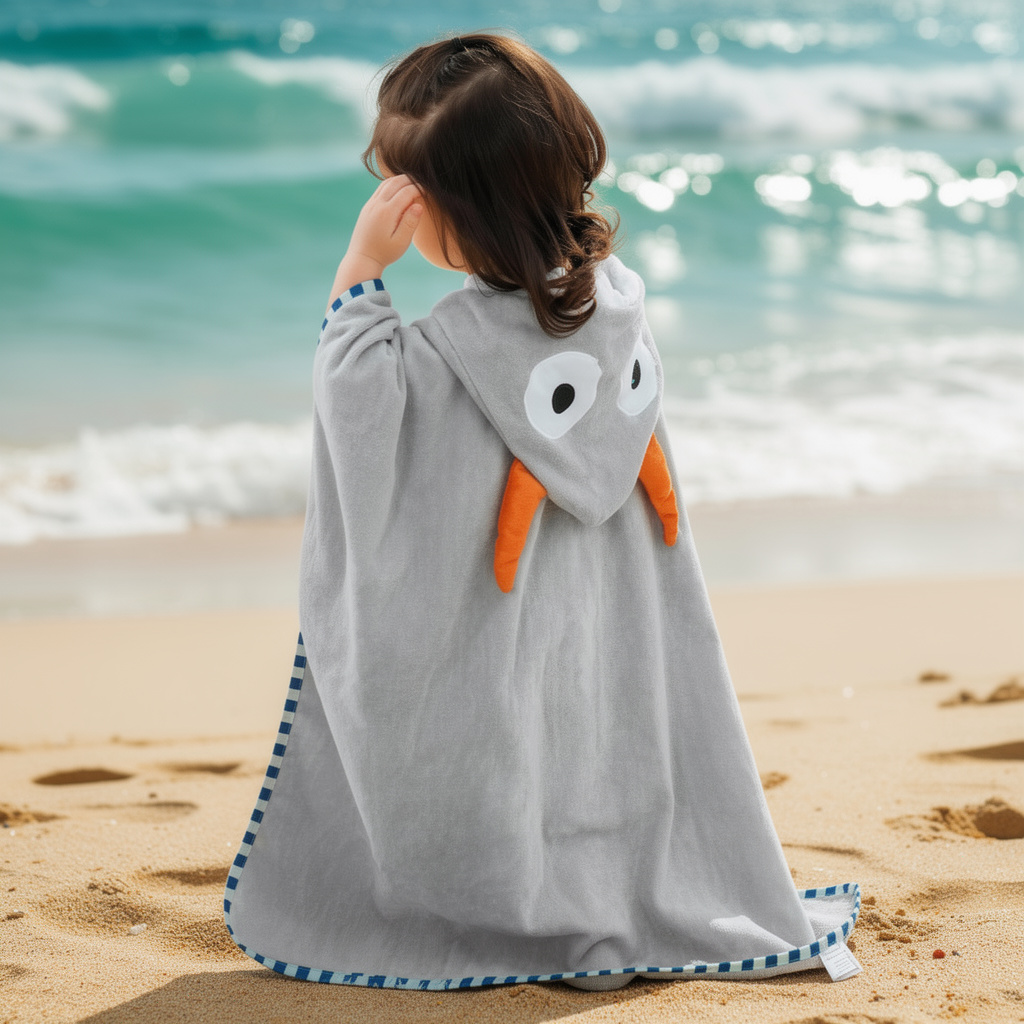 Grey dinosaur hooded towel with orange spikes, back view on the beach – ShowerNest Australia