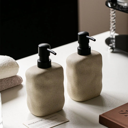 Wabi-sabi cream ceramic soap dispensers with black pumps - ShowerNest Australia