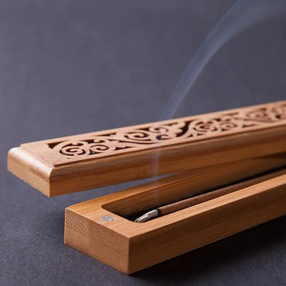 Bamboo incense holder box with carved lid fourth view – ShowerNest Australia