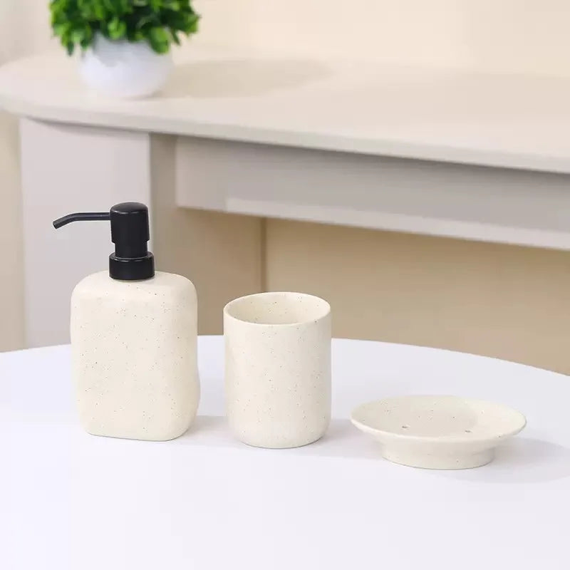 3-piece cream ceramic bathroom set: dispenser, cup and soap dish