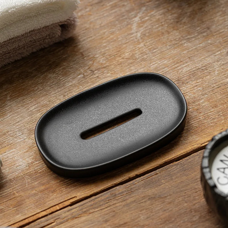 Oval ceramic soap dish with drain – Matte Black – ShowerNest Australia
