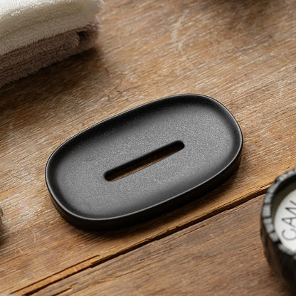 Oval ceramic soap dish with drain – Matte Black – ShowerNest Australia