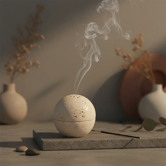 Natural stone incense burner sphere in ivory travertine on a stone ledge – ShowerNest Australia