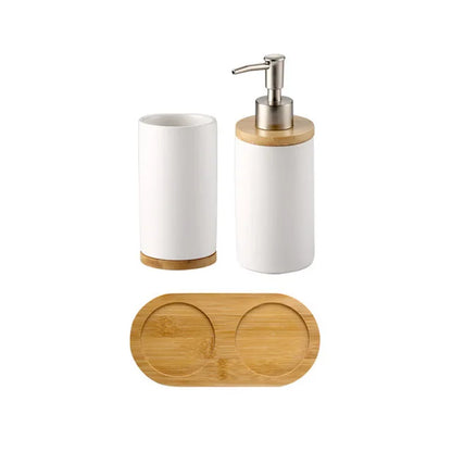 Matte ceramic soap dispenser set on bamboo tray – dispenser and tumbler, white – ShowerNest Australia