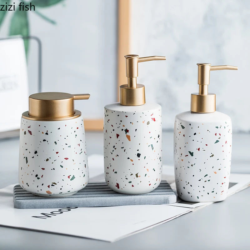 White terrazzo ceramic soap dispenser and bathroom set main photo – ShowerNest Australia