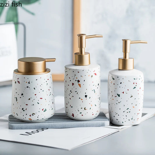 White terrazzo ceramic soap dispenser and bathroom set main photo – ShowerNest Australia