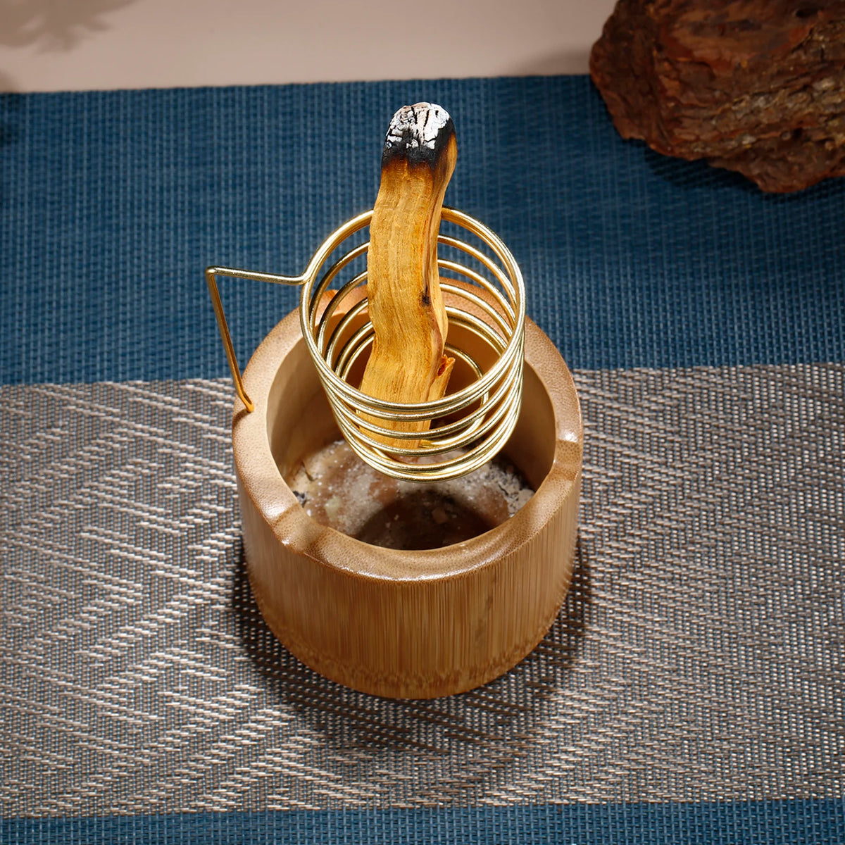 Spiral palo santo holder with bamboo ash cup third view – ShowerNest Australia