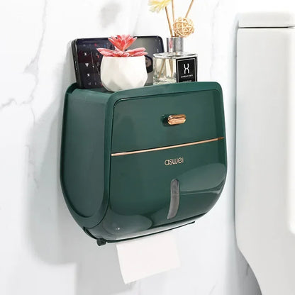 Double-Layer Toilet Roll Holder with Shelf & Drawer – Wall Mounted