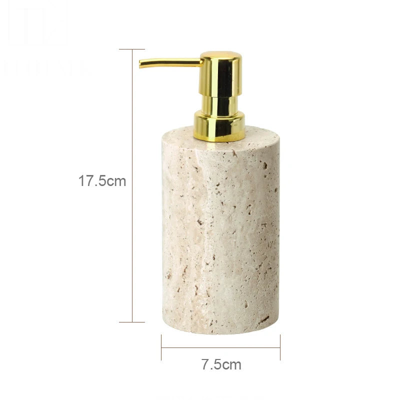 Natural travertine bathroom accessories – round soap dispenser with gold pump – ShowerNest Australia